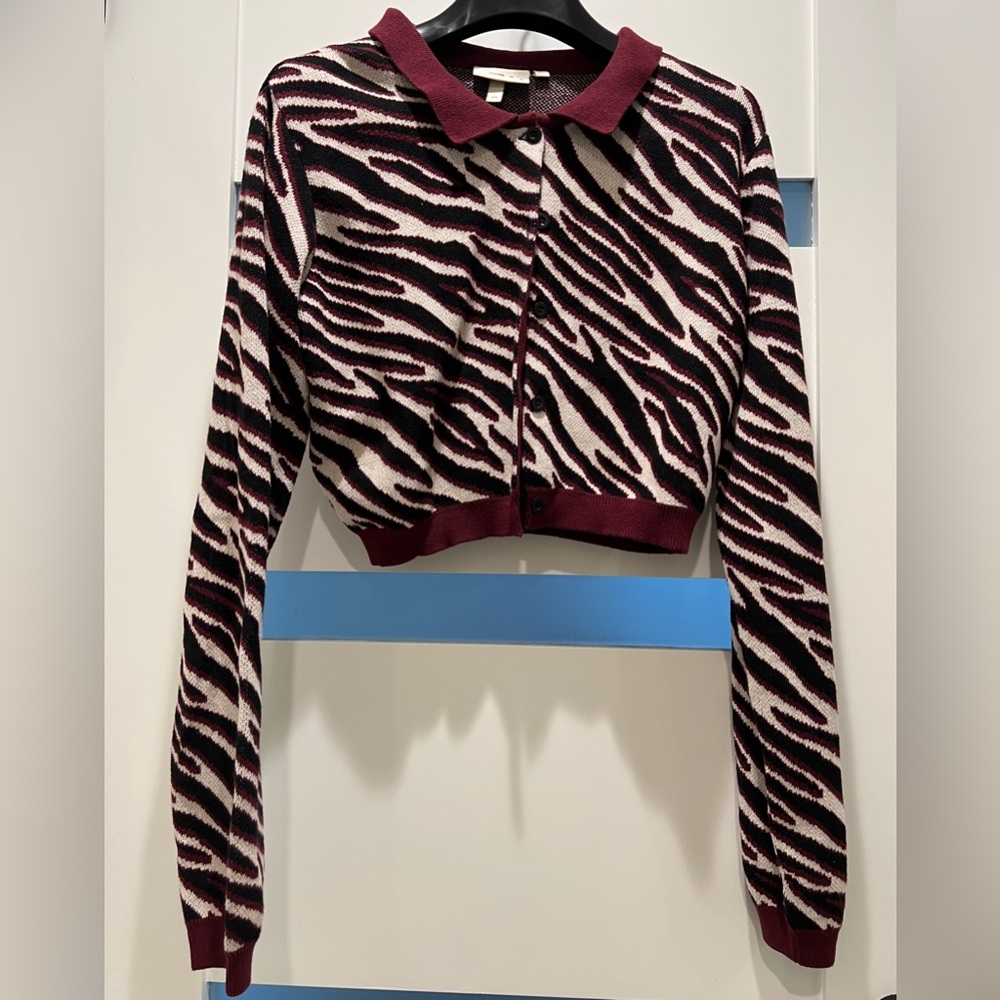 Milk It Zebra Print Cropped Collared Button-Up Cardigan in Cotton Poly Wine 14